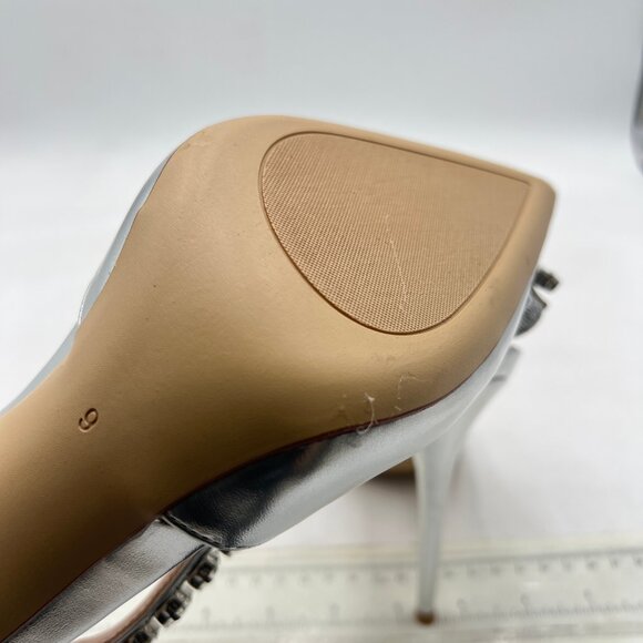 FSJ Metallic Silver Slingback Shoes Stiletto Heel Rhinestone Sandals - Picture 6 of 8